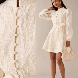 SHEIN Ivory Lace Long Sleeve Mini Dress with Tie Waist